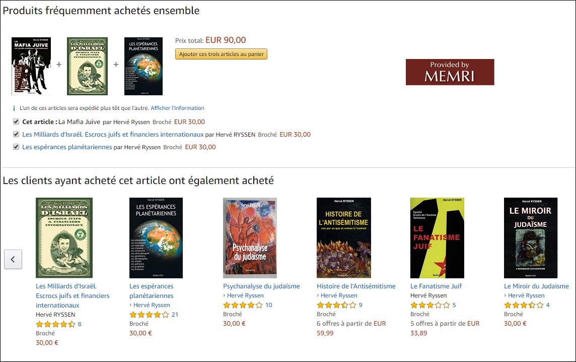 Suggestions d'achats d’ouvrages antisémites sur Amazon.