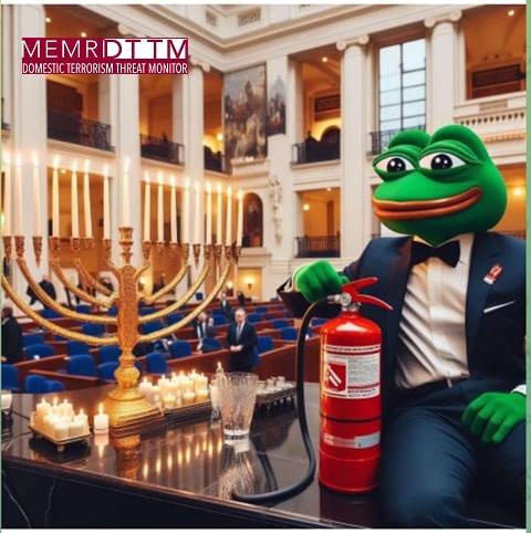 A frog wearing a suit sitting on a table with a fire extinguisherDescription automatically generated